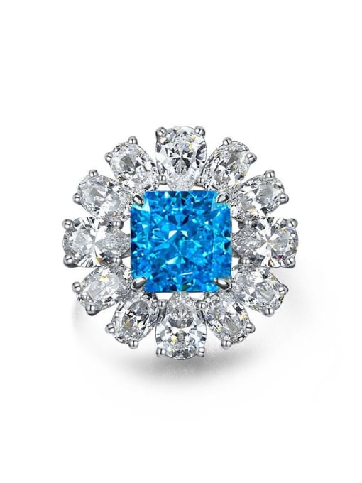 Sea Blue [R 1569] 925 Sterling Silver High Carbon Diamond Flower Luxury Cocktail Ring